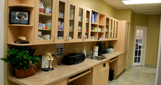 Medicine counter and shelves at westbridge veterinary hospital