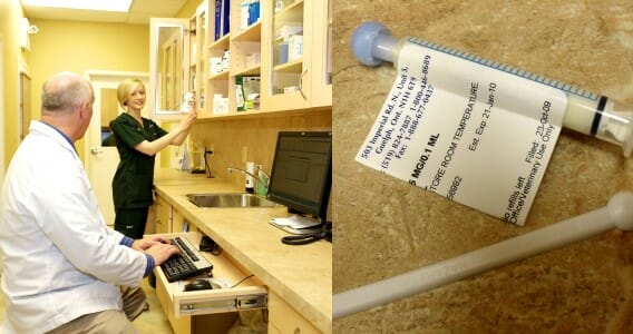 Veterinary staff members at a medicine counter and a close up of a prescription label on a syringe